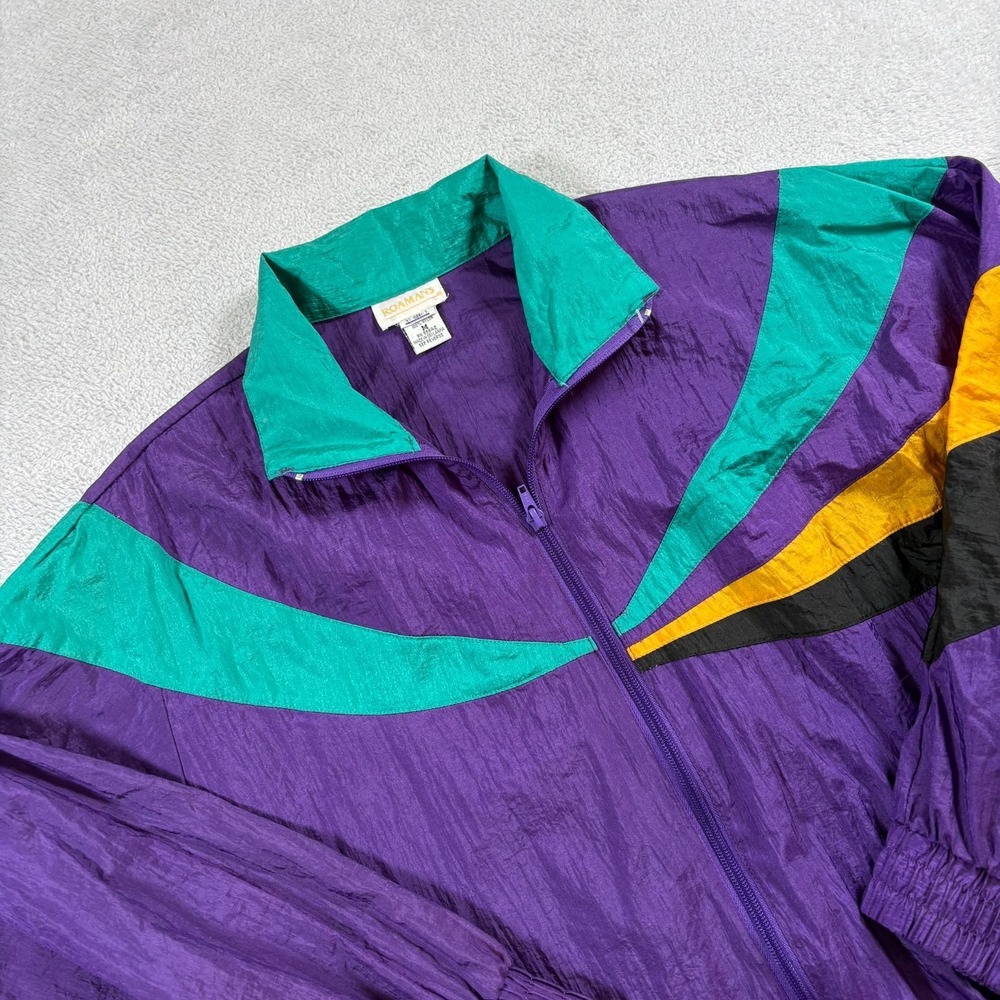 Vintage Roaman's Windbreaker Jacket Mens Medium Purple Teal Colorblock Nylon